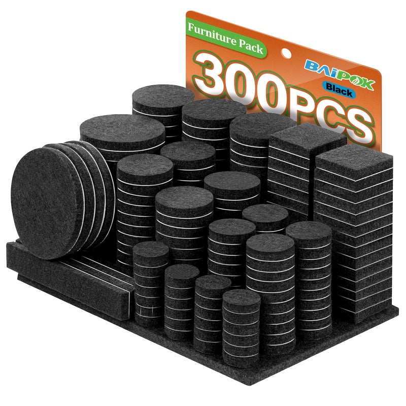 BAIPOK Furniture Pads 300 Pieces Felt Furniture Pads Premium Huge Pack, BAIPOK Self Adhesive Anti Scratch Floor Protectors for Desk Chair Legs and 60 Rubber Bumpers for Hardwood Tile Floor - Image 1
